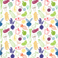 Seamless background with colored doodle sketch vegetables and fruits