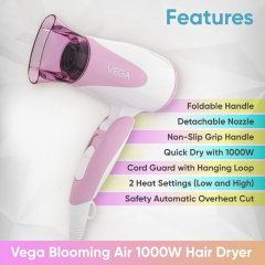 Blooming Air Foldable 1000 Watts Hair Dryer With Heat Cool Setting And Detachable Nozzle VHDH05 Color May Vary Made In India (Vega Blooming Air 1000 Hair Dryer)