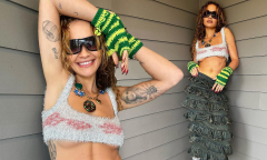 Rita Ora flashes plenty of underboob in a TINY knitted crop top as ...