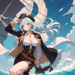 Anime girl in pirate costume standing on a boat in the ocean ...