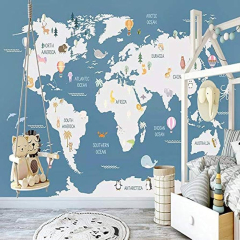 XHXI Nordic Cartoon White World Map Blue Bottom Large Photo for Children Room Kids Room B 3D Paste Living ...