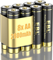 EBL Rechargeable Batteries AA 2800mAh, 8 Count AA High Capacity Ni-Mh Gold-top Premium Batteries