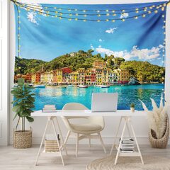 Ambesonne Village Tapestry Mediterranean European Town by The Sea Portofino Italian Harbor Panorama View (Italian Tapestry Summer Village by the Mediterranean Sea with Yacht Boats Idyllic Town Panorama)