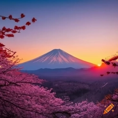 Sunset in a sakura valley with mount fuji in the background on Craiyon