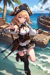 Anime girl in pirate costume standing on a beach near a boat ...