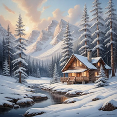 Snowy cabin in a serene wintery landscape, cozy log...