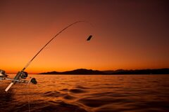 Fishing rod and reel at sunset