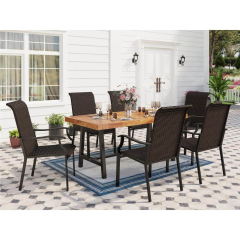 PHI VILLA 7-Piece Rattan Patio Outdoor Dining Set with Wood Dining ...