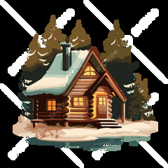 Winter Cabin Vector, Sticker Clipart Small Log Cabin With Snowy ...