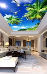 3D Ceiling With Blue Sky, White Clouds, And Coconut Palm For Living Room And Blue Bedroom Wall