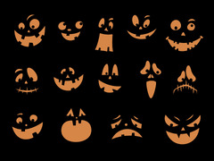 Scary and funny Halloween pumpkin or ghost faces set on black ...