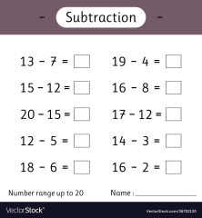 Subtraction number range up to 20 math worksheet Vector